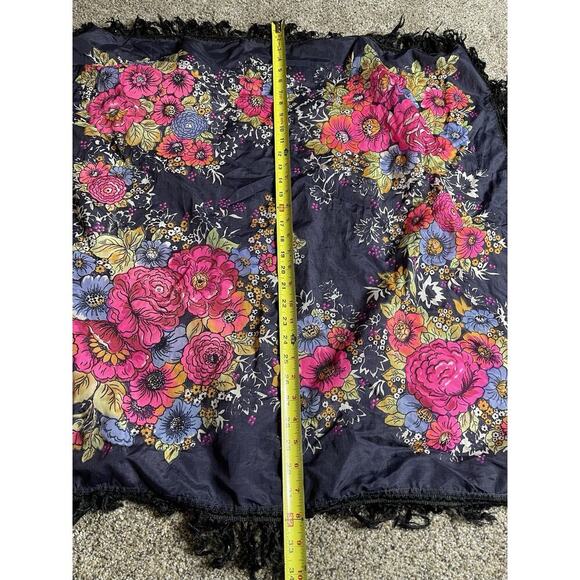 Vintage Bright Floral Neon Scarf Fringe Navy Blue Ukrainian Russian - Picture 5 of 6